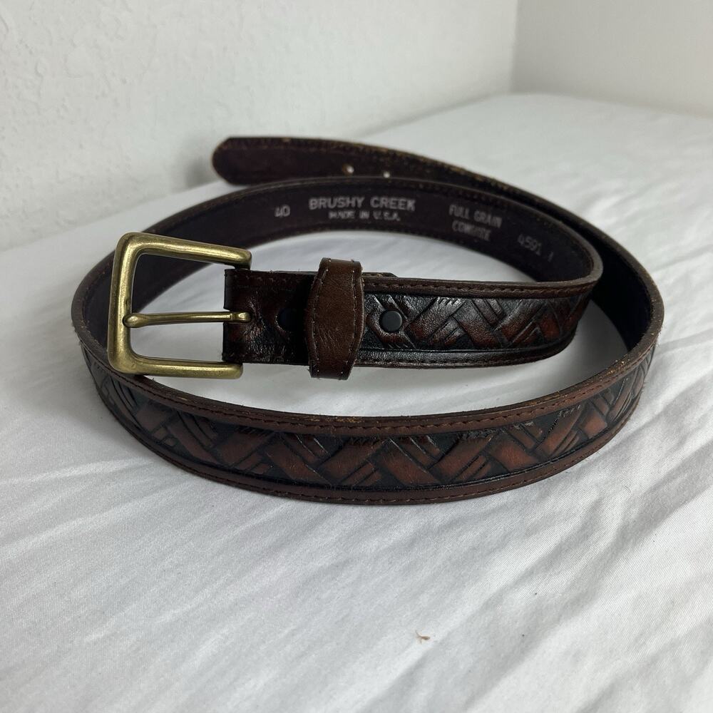 Brushy Creek Chevron tooled pattern Brown Leather Belt Size 40 made in USA, 4591